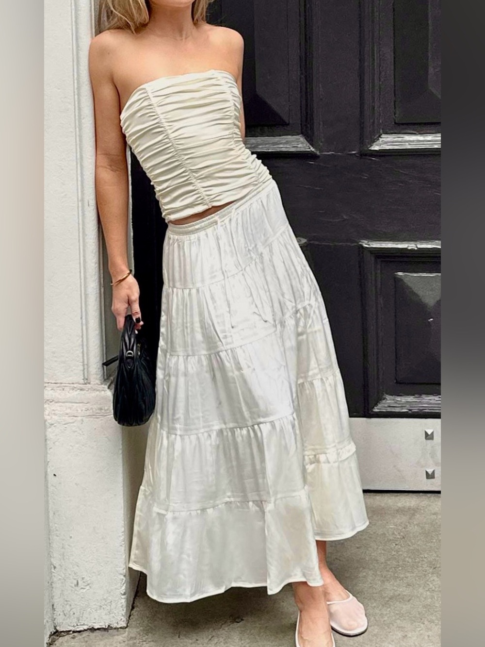 LIONESS Tiered Maxi Skirt XS Porcelain Ivory Satin Boho Y2K Cottagecore Feminine